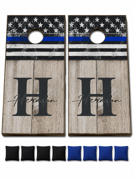 Personalized Blue Line Flag Cornhole Set With Bean Bags