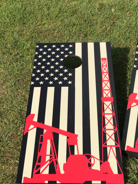 Oil Field American Flag Cornhole Set With Bean Bags