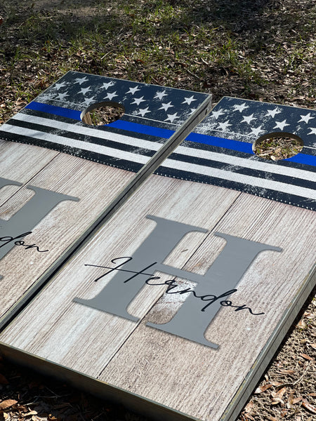 Personalized Blue Line Flag Cornhole Set With Bean Bags